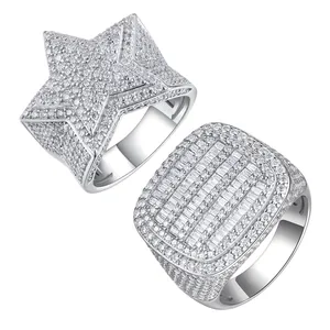 Bagues hip-hop en argent S925 avec motifs étoile et carré en moissanite glacée