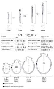 Size specifications for S925 sterling silver hoop earrings in four different diameters