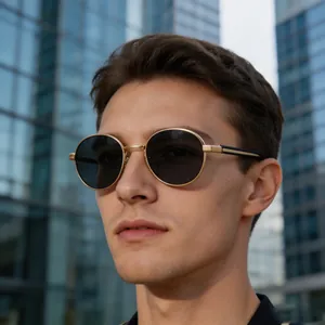 Close-up view of men's European style oval sunglasses with gold frame and dark lenses
