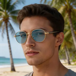 Close-up of men's fashion oval sunglasses with gold frame and blue tinted lenses