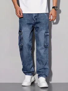 Men's American Retro Multi Pocket Cargo Jeans Cotton Blend Straight Leg Mid Waist Casual Denim Pants For Men Fashion