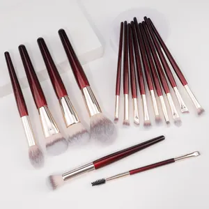 15pcs burgundy makeup brush set with synthetic bristles and wine red wooden handles.