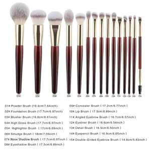 15pcs professional burgundy makeup brush set with size details for foundation and eyeshadow
