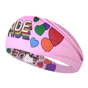 Professional rainbow sports headband featuring Pride lettering and heart patterns for yoga