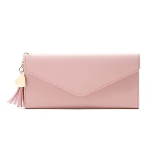 Elegante portafoglio lungo a busta in pelle PU rosa da donna con cuore e nappa