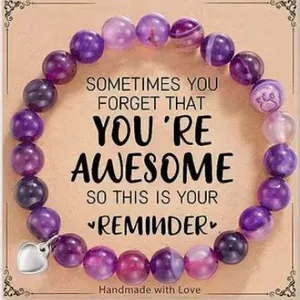 Purple striped agate bead bracelet featuring a silver heart charm on an inspiring card.