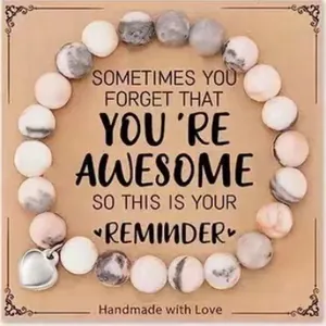 Handmade pink zebra stone beaded bracelet with silver heart charm and inspirational gift card