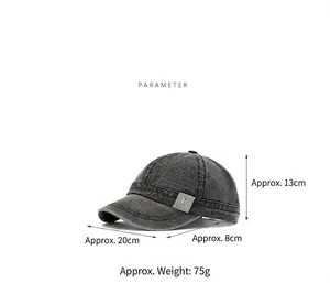 Washed canvas baseball cap with short brim displaying key dimensions and weight specifications.