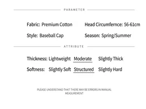 Detailed specifications for washed canvas baseball cap showing material and head size