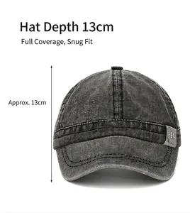 Detail view of washed canvas baseball cap showing 13cm depth for a secure fit