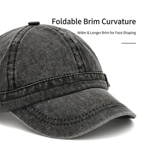 Washed canvas baseball cap with a foldable short brim for outdoor sun protection