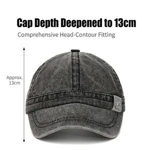 Washed black canvas baseball cap with short brim and 13cm deep fit crown design