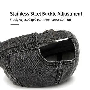 Detailed back view of a washed canvas baseball cap featuring an adjustable metal buckle