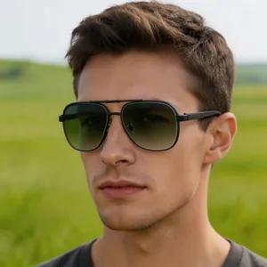 Detailed view of vintage square sunglasses with wood grain temples worn by a male model outdoors.