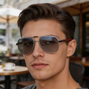 Men Retro Square Sunglasses Metal Frame Wood Texture Temples UV400 Protection Fashion Outdoor Sun Eyewear