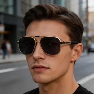 Men's vintage square sunglasses featuring elegant gold frames and wood grain temples details