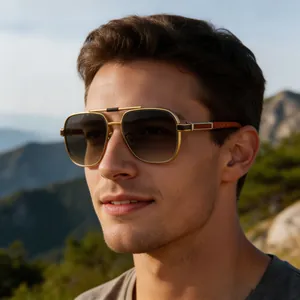 Close-up of premium men's vintage sunglasses with stylish wood grain temples