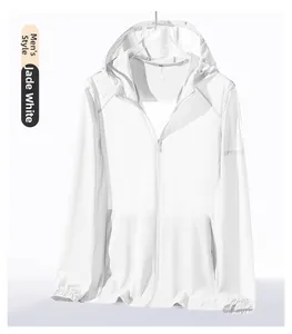 Front view of men's white breathable sun protection jacket with UPF50+ rating