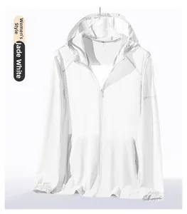 Detail view of jade white women's ice silk sun protection jacket with UPF50+