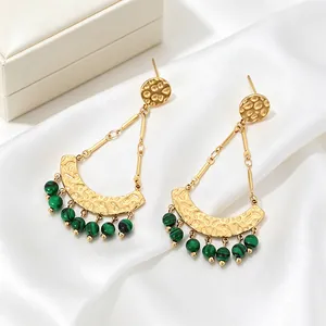 Vintage Ethnic Fan Shape Dangle Earrings Bohemian Sun Star Moon Stainless Steel Gold Plated Faux Malachite Jewelry Women
