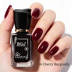 BGve 14ml Cherry Burgundy nail polish bottle held by hand with painted nails.