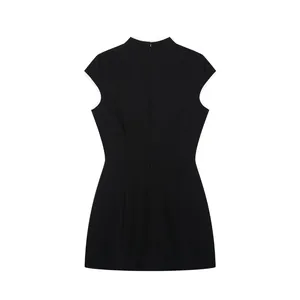 Detailed back view of a modern black sleeveless cheongsam mini dress with a high collar