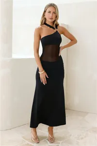 Elegant black one-shoulder maxi dress with sexy waist mesh patchwork detail for women