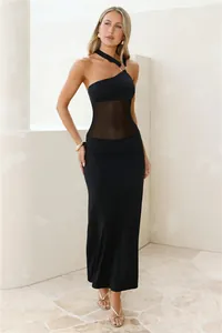 Elegant black one-shoulder bodycon maxi dress featuring a sheer mesh waist and ring detail