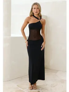 Elegant black one-shoulder cutout maxi dress with mesh paneling for summer events