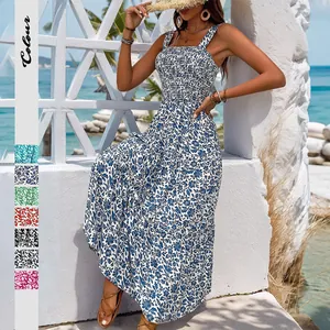 Women Floral Print Cami Maxi Dress Bohemian Smocked Square Neck Tiered A-Line Summer Vacation Beach Sundress