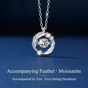 Silver moissanite dancing stone necklace with delicate feather circle pendant design