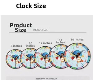 Comparison showing five available diameter sizes for cartoon space silent wall clock