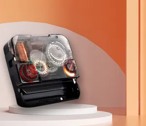 Silent quartz clock movement mechanism with transparent gear housing detail view