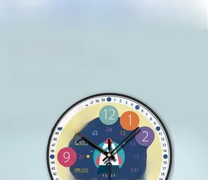 Close-up detail of a colorful cartoon silent wall clock face with rocket design for kids