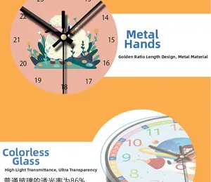 Detail of silent wall clock for kids showing metal hands and high-transparency glass