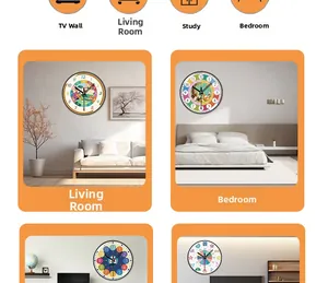 Educational children's wall clock displayed in various home scenes like living room and bedroom