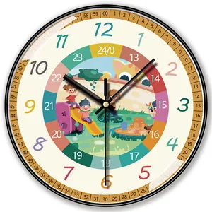Silent colorful cartoon wall clock for kids room featuring educational numbers and 24-hour display