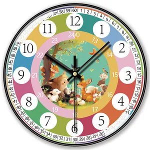 Colorful cartoon kids wall clock with a silent learning dial for early education