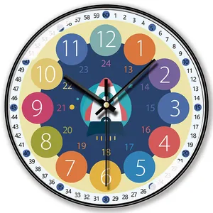 Colorful educational wall clock for children featuring cartoon rocket and large numbers