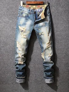 Men's Jeans Distressed Ripped Cotton Blend Denim Retro American High Street Style Slim Straight Fit Vintage Washed Blue Pants