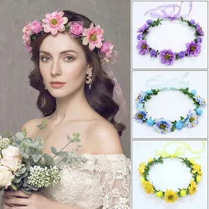 Close-up of Bohemian floral crowns showing pink, purple, blue, and yellow styles