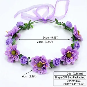 Purple bohemian floral crown detail with 24cm diameter and 6cm flower measurements