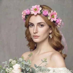 Bohemian Flower Crown Headband Artificial Satin Rose Floral Headwear With Adjustable Ribbon For Wedding Bridal Festival Beach