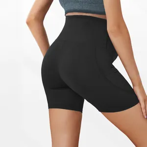 High waist black maternity athletic shorts with belly support and side pockets