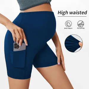 Detail view of high waist maternity shorts with belly support and side pocket