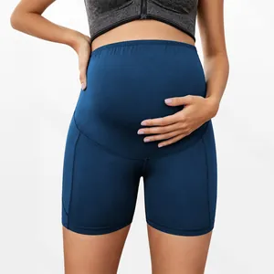 High waist maternity athletic shorts for yoga and belly support in elegant navy blue