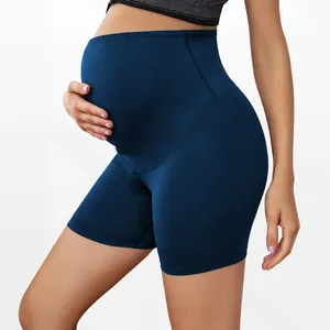 High-waist navy blue maternity athletic shorts with belly support and yoga fit for women