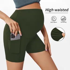 Detail of high waisted maternity yoga shorts with belly support and side pocket