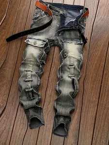 Men High Street Vintage Washed Matcha Green Straight Jeans Baggy Cargo Denim Pants Multi Pocket Streetwear With Belt