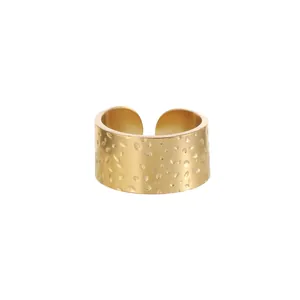Minimalist hammered gold stainless steel wide band open ring for women stylish jewelry